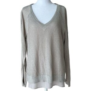 Lucky Brand Beige Metallic Linen Blend V-Neck Layer Lightweight Sweater Size XL